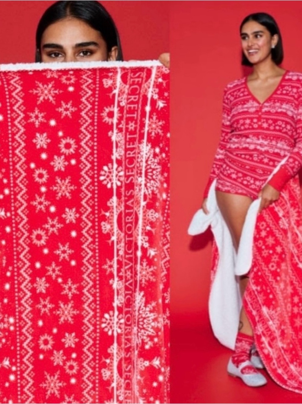 Victoria's Secret Red Christmas blanket with white snowflakes, 50 x 60 size